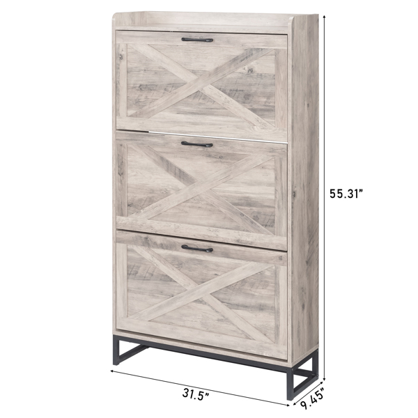 谷仓门3翻斗柜顶部有挡板 鞋柜 刨花板 80*24*145cm 水洗灰-6