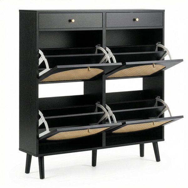 藤面2抽4翻斗 鞋柜 刨花板 105*24*110cm 黑色-2