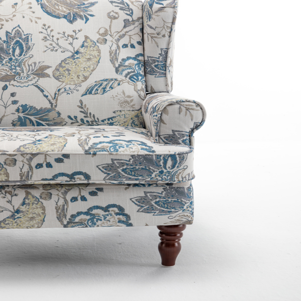 现代风格休闲椅，搭配复古木质椅腿，舒适软垫扶手椅，花卉图案单人沙发椅，适合客厅、卧室、办公室使用 - 花卉蓝色-14