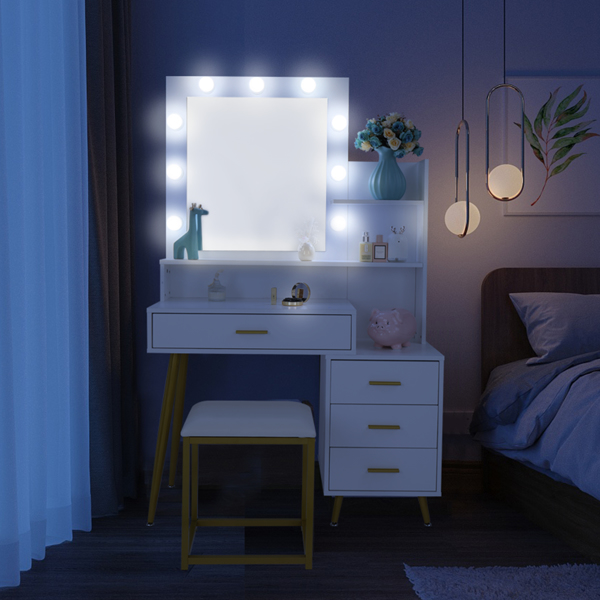 白色 刨花板 铁脚 四抽 三层架 梳妆桌套装 三色调光 N001-38