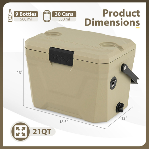 21Qt便携式冷藏箱，带3层隔热层，硬壳冰柜，带2个杯架，适用于户外露营钓鱼（咖啡色）-3