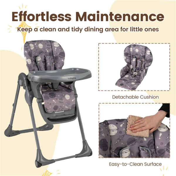 灰色婴儿高脚椅，可调节高度/靠背/脚踏，带轮子可折叠-6