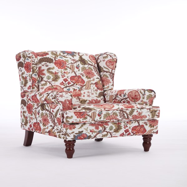 现代风格休闲椅，搭配复古木质椅腿，舒适软垫扶手椅，花卉图案单人沙发椅，适合客厅、卧室、办公室使用 - 花卉红色-20