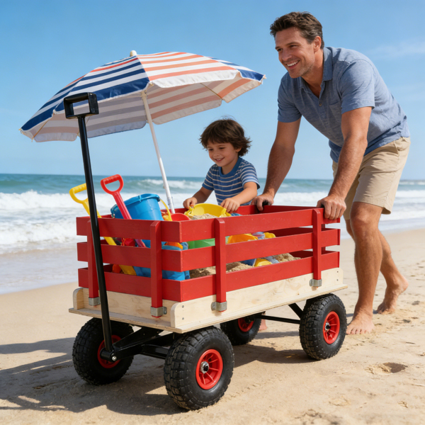 红色木制手推车，带折叠把手，重型全地形儿童手推车，适用于户外、花园、露营和海滩 - 经典拉式多功能手推车--不支持self-pick up且不支持指定仓库发货-13