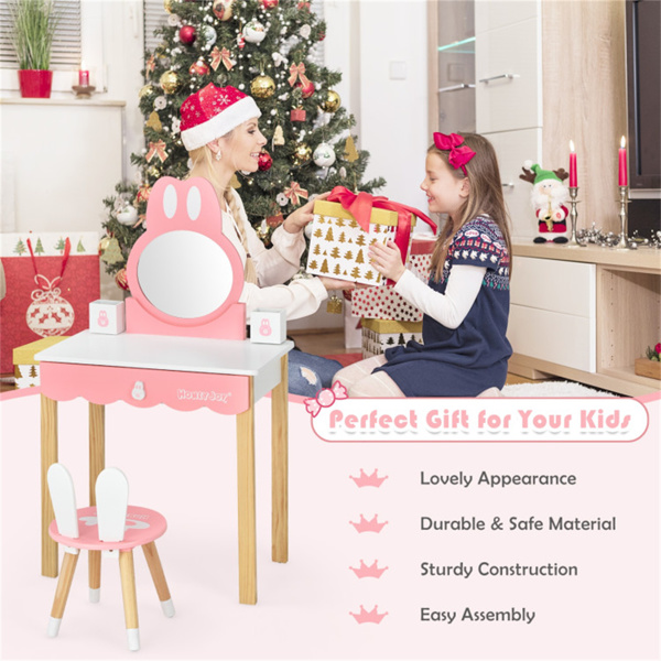 儿童兔子梳妆台套装，带可拆卸防碎镜子，粉色和白色化妆台，带抽屉和女孩椅子-12
