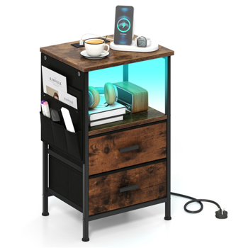 带LED灯和充电站的床头柜，2个折叠式织物抽屉