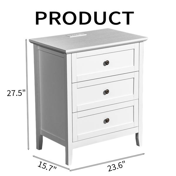 白色浮雕（SG014FD ） P2 密度板+刨花板 贴三胺 拼框 60*40*70cm 三抽 床头柜 1USB+1TYPE-C+2三插 美规-11