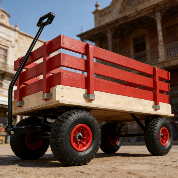 红色木制手推车，带折叠把手，重型全地形儿童手推车，适用于户外、花园、露营和海滩 - 经典拉式多功能手推车--不支持self-pick up且不支持指定仓库发货-4