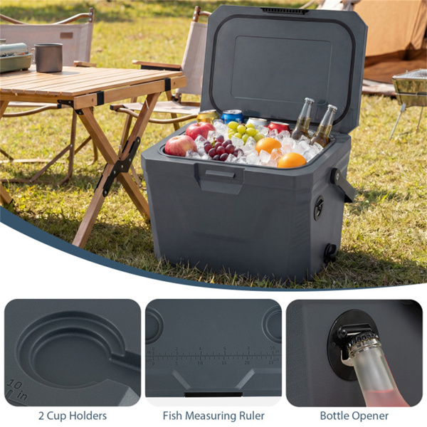 21Qt便携式冷藏箱，带3层隔热层，硬壳冰柜，带2个杯架，适用于户外露营钓鱼（灰色）-8
