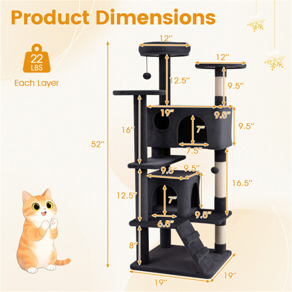 52英寸高的猫树塔，带门廊和公寓，多猫游乐场，带划痕柱（深灰色）-3