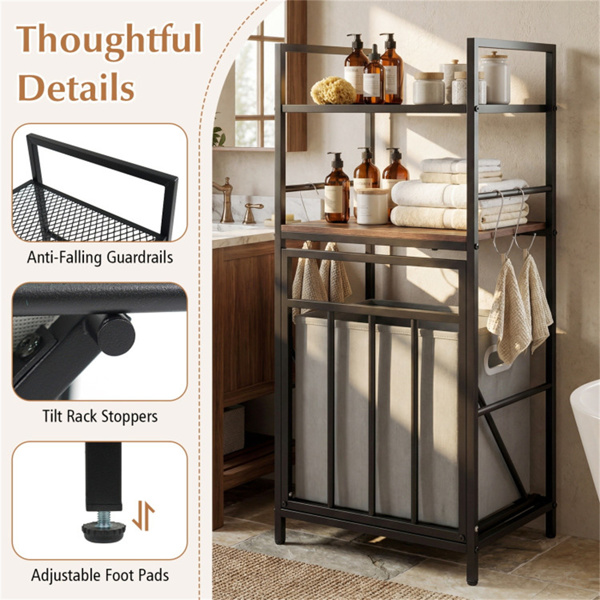 黑色+乡村棕色倾斜式洗衣篮，金属+工程木，带架子和4个S形挂钩​-8