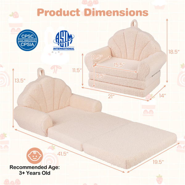 2合1翻盖式儿童沙发躺椅，带提手的泰迪羊毛婴儿沙发，适合3岁以上儿童（米色）-5