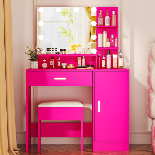 芭比粉 密度板 贴三胺 1抽1门 梳妆桌套装 三色调光灯泡-1