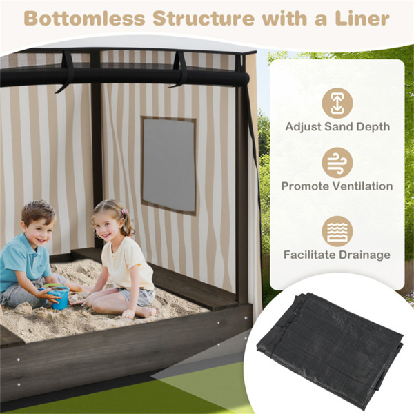 棕色儿童木制沙箱，带防水顶棚，内置座椅和储物空间-4