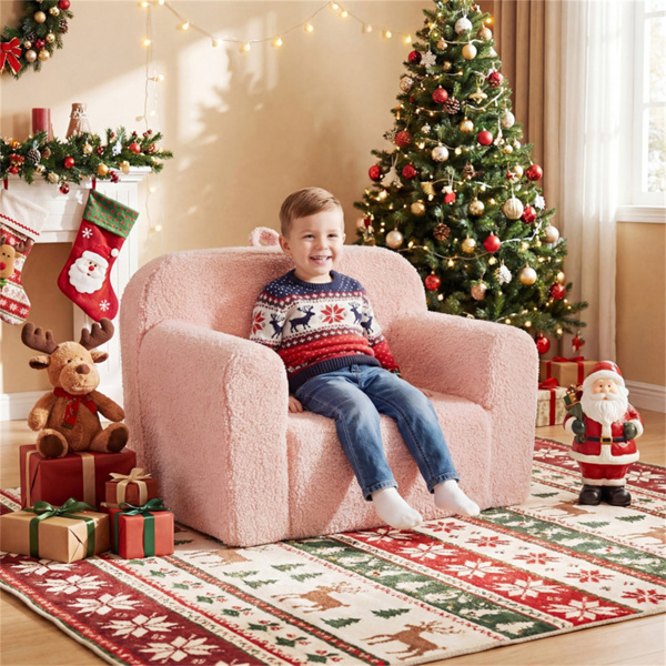 泰迪羊毛面料儿童泡沫沙发椅，适合3岁以上儿童的轻便便携式婴儿沙发（粉色）-2