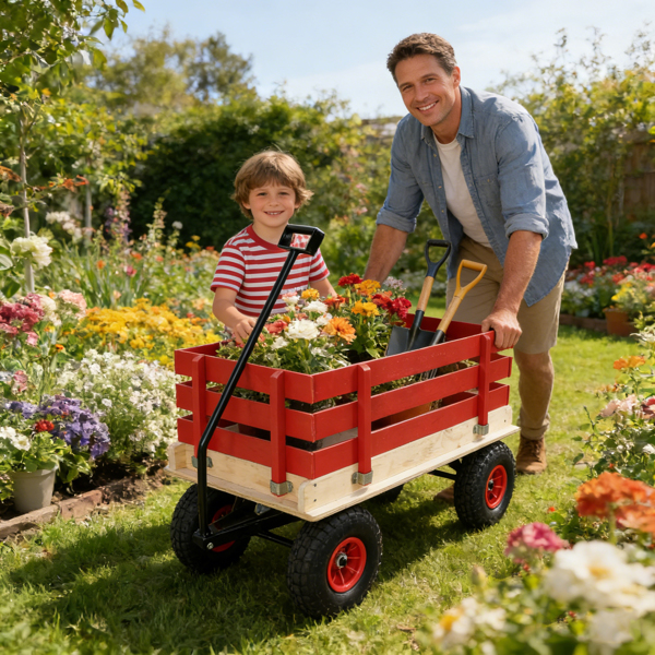 红色木制手推车，带折叠把手，重型全地形儿童手推车，适用于户外、花园、露营和海滩 - 经典拉式多功能手推车--不支持self-pick up且不支持指定仓库发货-21