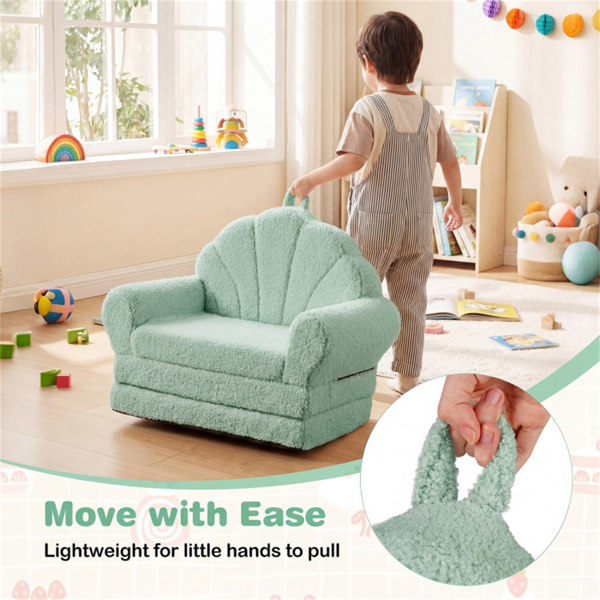 2合1翻盖式儿童沙发躺椅，带提手的泰迪羊毛婴儿沙发，适合3岁以上儿童（绿色）-6
