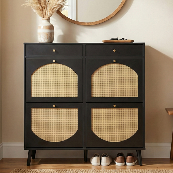 藤面2抽4翻斗 鞋柜 刨花板 105*24*110cm 黑色-5