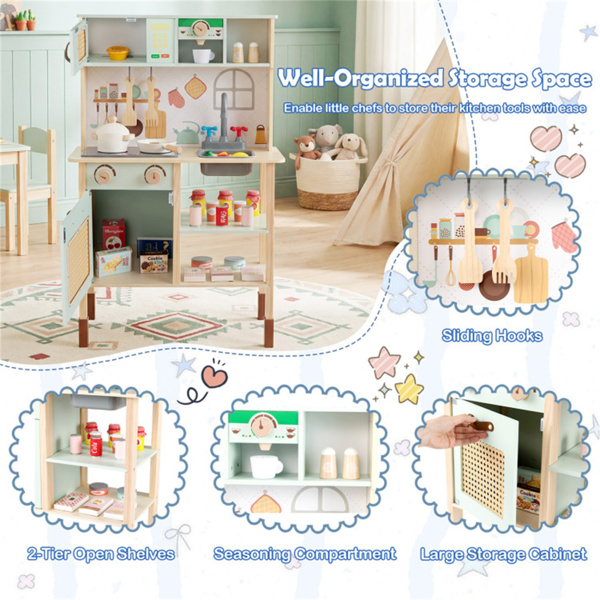 绿色木制儿童游戏厨房，互动式光/声炉，带微波炉/烤箱/黑板存储选项-11