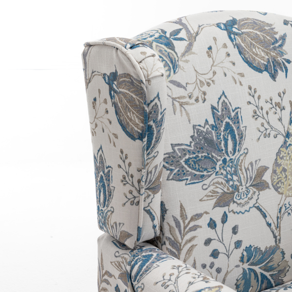 现代风格休闲椅，搭配复古木质椅腿，舒适软垫扶手椅，花卉图案单人沙发椅，适合客厅、卧室、办公室使用 - 花卉蓝色-16