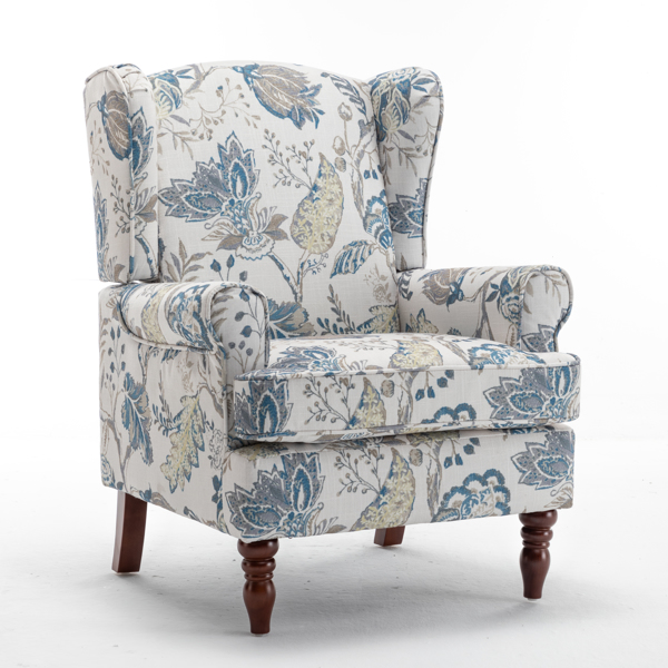 现代风格休闲椅，搭配复古木质椅腿，舒适软垫扶手椅，花卉图案单人沙发椅，适合客厅、卧室、办公室使用 - 花卉蓝色-13