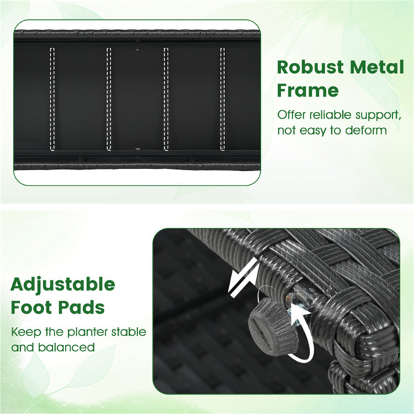 58英寸黑色PE藤条高架花园床，带格栅可调节脚垫，室外花盆箱-6