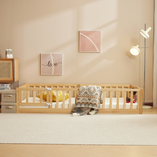 原木色 油漆面 松木 围栏床 带门 带铺板 Twin 儿童木床-19