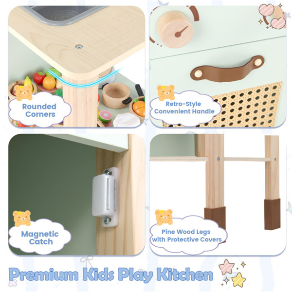 绿色木制儿童游戏厨房，互动式光/声炉，带微波炉/烤箱/黑板存储选项-9