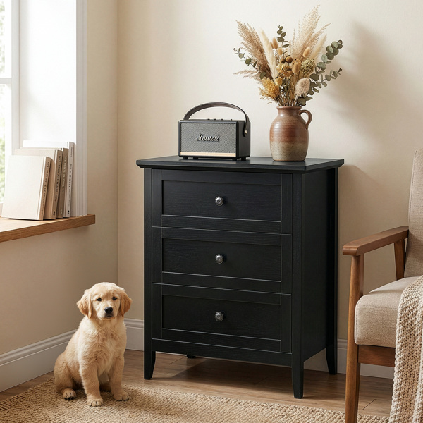 黑色浮雕（SG017FD） P2 密度板+刨花板 贴三胺 拼框 60*40*70cm 三抽 床头柜 1USB+1TYPE-C+2三插 美规-1