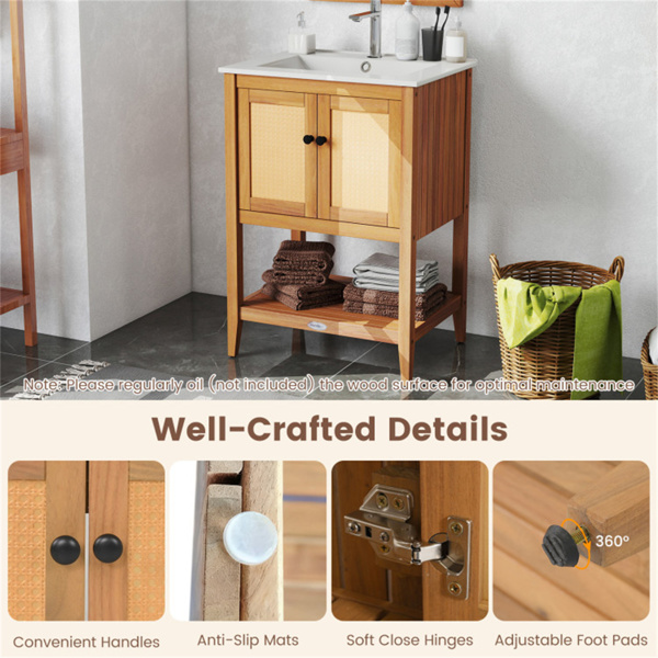 双门藤条浴室梳妆台，相思木橱柜，带陶瓷水槽（白色+天然）-8