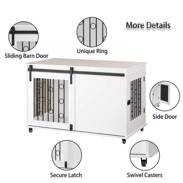 39.37英寸现代木制狗笼家具，带滑动谷仓门和侧门，室内狗窝边桌，适用于小型至中型犬，装饰性宠物笼，带金属栏杆和可锁定轮子 – 白色-13