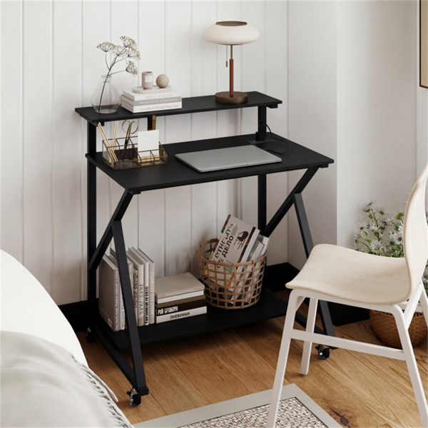 带电源板的黑色滚动电脑桌32英寸带显示器支架的移动办公桌-6