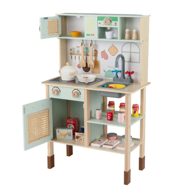 绿色木制儿童游戏厨房，互动式光/声炉，带微波炉/烤箱/黑板存储选项-6