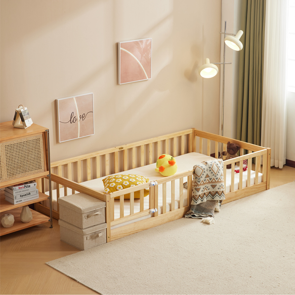 原木色 油漆面 松木 围栏床 带门 带铺板 Twin 儿童木床-15