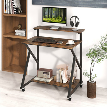 带电源板的乡村棕色滚动电脑桌32英寸带显示器支架的移动办公桌