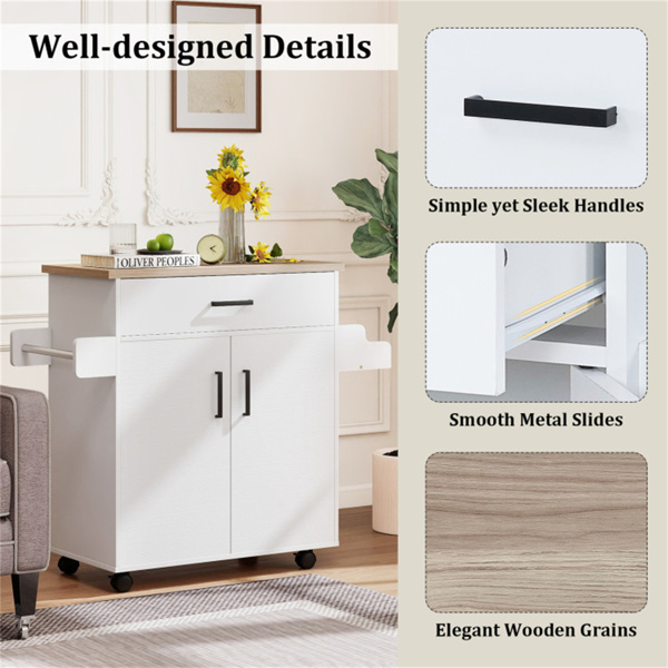 41.5英寸带储物空间的滚动厨房岛推车，带抽屉和橱柜的白色厨房推车，香料架和毛巾架-10