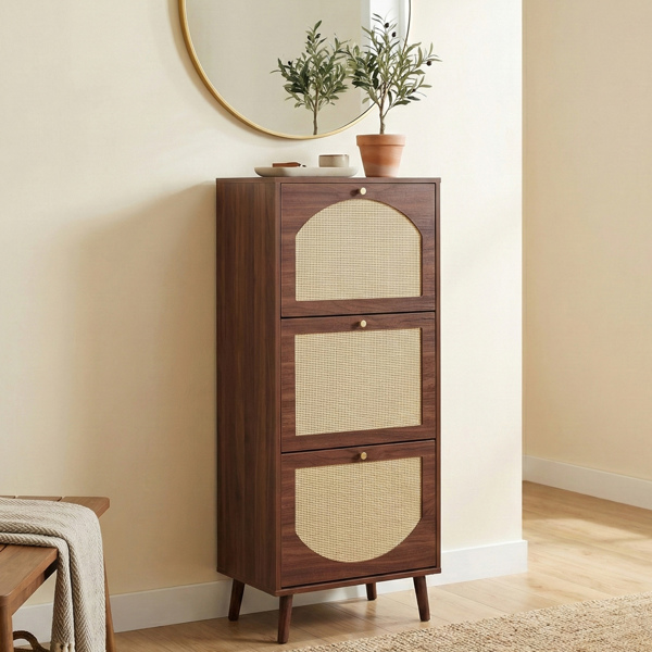 藤面3翻斗 鞋柜 刨花板 54*24*135 cm  棕色-6