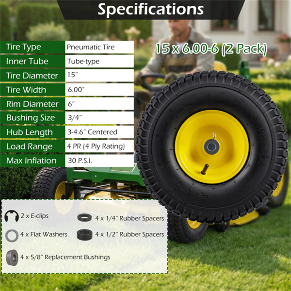 多功能15x6.00-6充气轮胎，适合大多数主流草坪割草机和花园推车-9