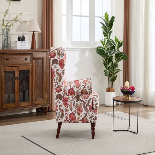 现代风格休闲椅，搭配复古木质椅腿，舒适软垫扶手椅，花卉图案单人沙发椅，适合客厅、卧室、办公室使用 - 花卉红色-18