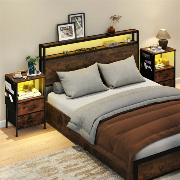 2个床头柜带LED灯和充电站，2个折叠式织物抽屉-2