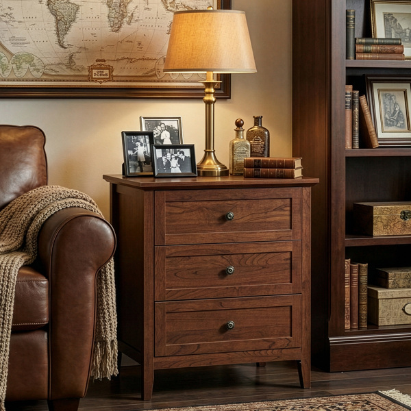 棕色（1061实木樱桃） P2 密度板+刨花板 贴三胺 拼框 60*40*70cm 三抽 床头柜 1USB+1TYPE-C+2三插 美规-6