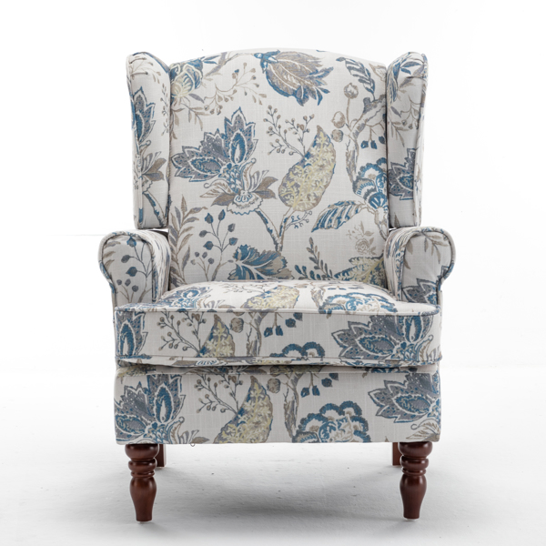 现代风格休闲椅，搭配复古木质椅腿，舒适软垫扶手椅，花卉图案单人沙发椅，适合客厅、卧室、办公室使用 - 花卉蓝色-3