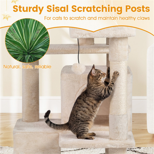 52英寸高的猫树塔，带门廊和公寓，多猫游乐场，带划痕柱（米色）-9