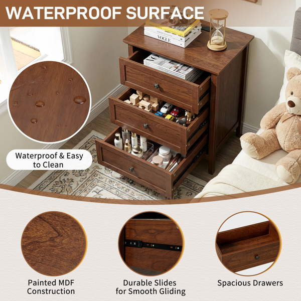 棕色（1061实木樱桃） P2 密度板+刨花板 贴三胺 拼框 60*40*70cm 三抽 床头柜 1USB+1TYPE-C+2三插 美规-3