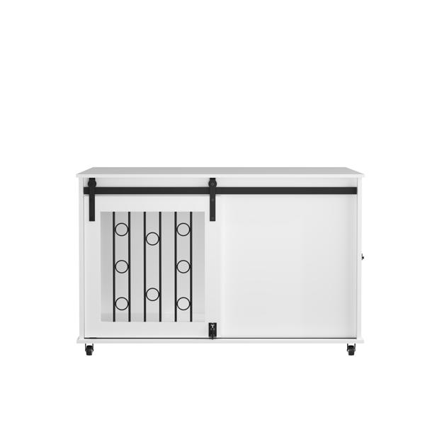 39.37英寸现代木制狗笼家具，带滑动谷仓门和侧门，室内狗窝边桌，适用于小型至中型犬，装饰性宠物笼，带金属栏杆和可锁定轮子 – 白色-6