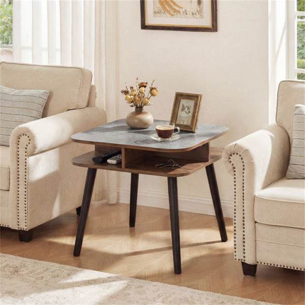 人造大理石边桌，带四面储物架，客厅卧室24英寸方头桌-2