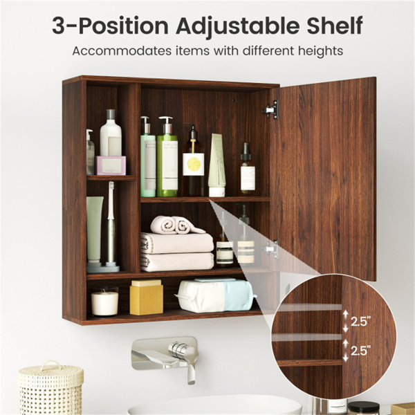 二合一镜面浴室壁柜，带隐藏式储物和架子的节省空间的药柜 - 胡桃色-12