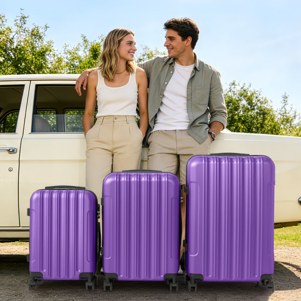 三合一竖纹磨砂箱壳非TSA海关锁28寸拆卸轮 ABS拉杆箱 20in 24in 28in ABS 全配色紫色-17