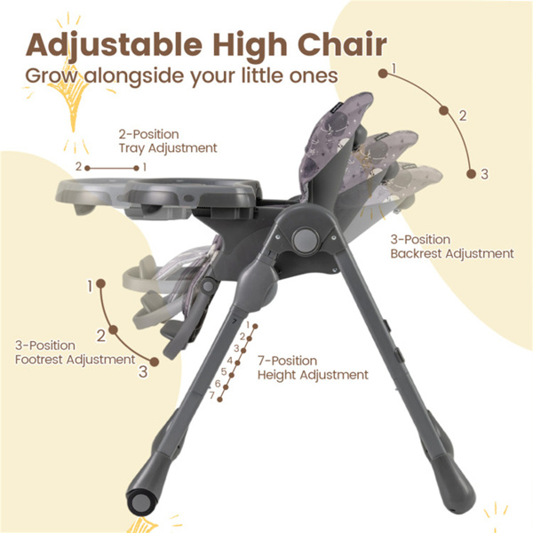 灰色婴儿高脚椅，可调节高度/靠背/脚踏，带轮子可折叠-3