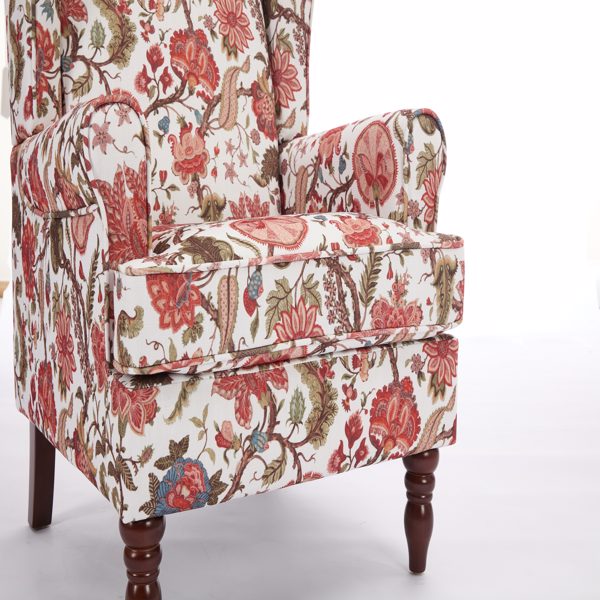 现代风格休闲椅，搭配复古木质椅腿，舒适软垫扶手椅，花卉图案单人沙发椅，适合客厅、卧室、办公室使用 - 花卉红色-12